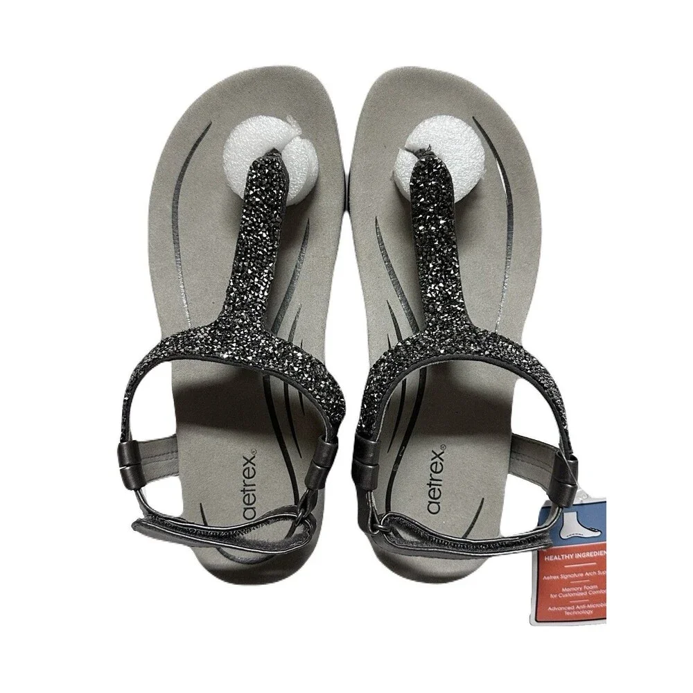 NEW Aetrex Womens Size 8.5 Gunmetal Leather Jade Sparkle Arch Support Sandals - Picture 6 of 9
